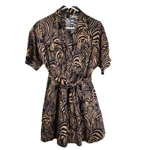 Banana Republic Mini Dress Women's XS Navy Tan Linen Zebra Print Safari Summer